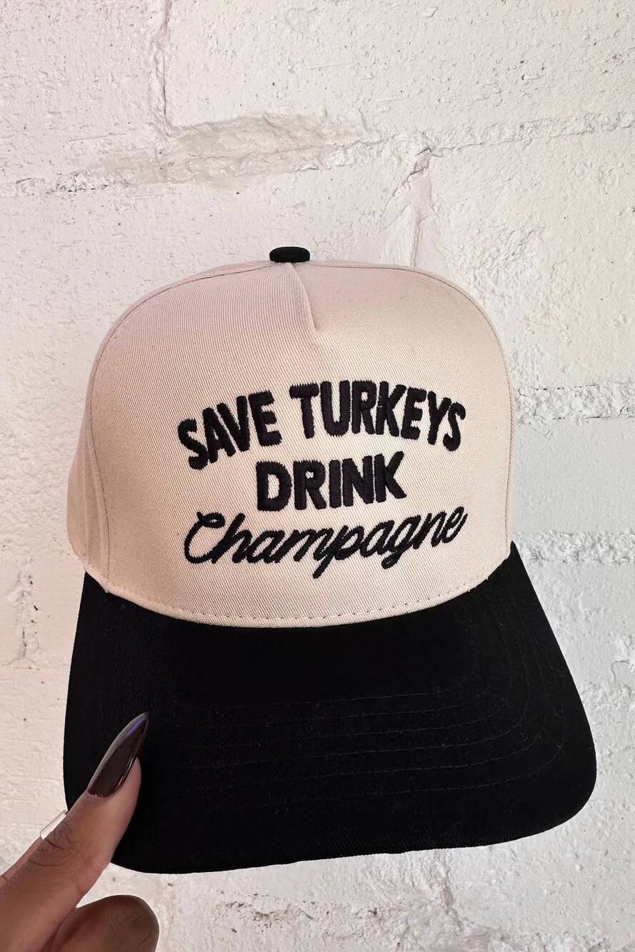 NEW ADELINE save turkeys drink champagne trucker hat in cream